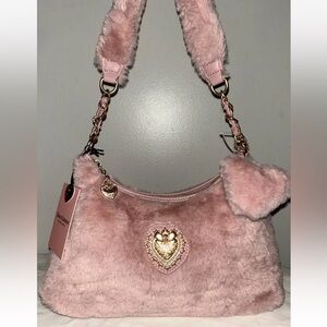 NEW! NWT JUICY COUTURE Faux Fur Love Furry Friends Hobo Bag Dusty Blush Pink